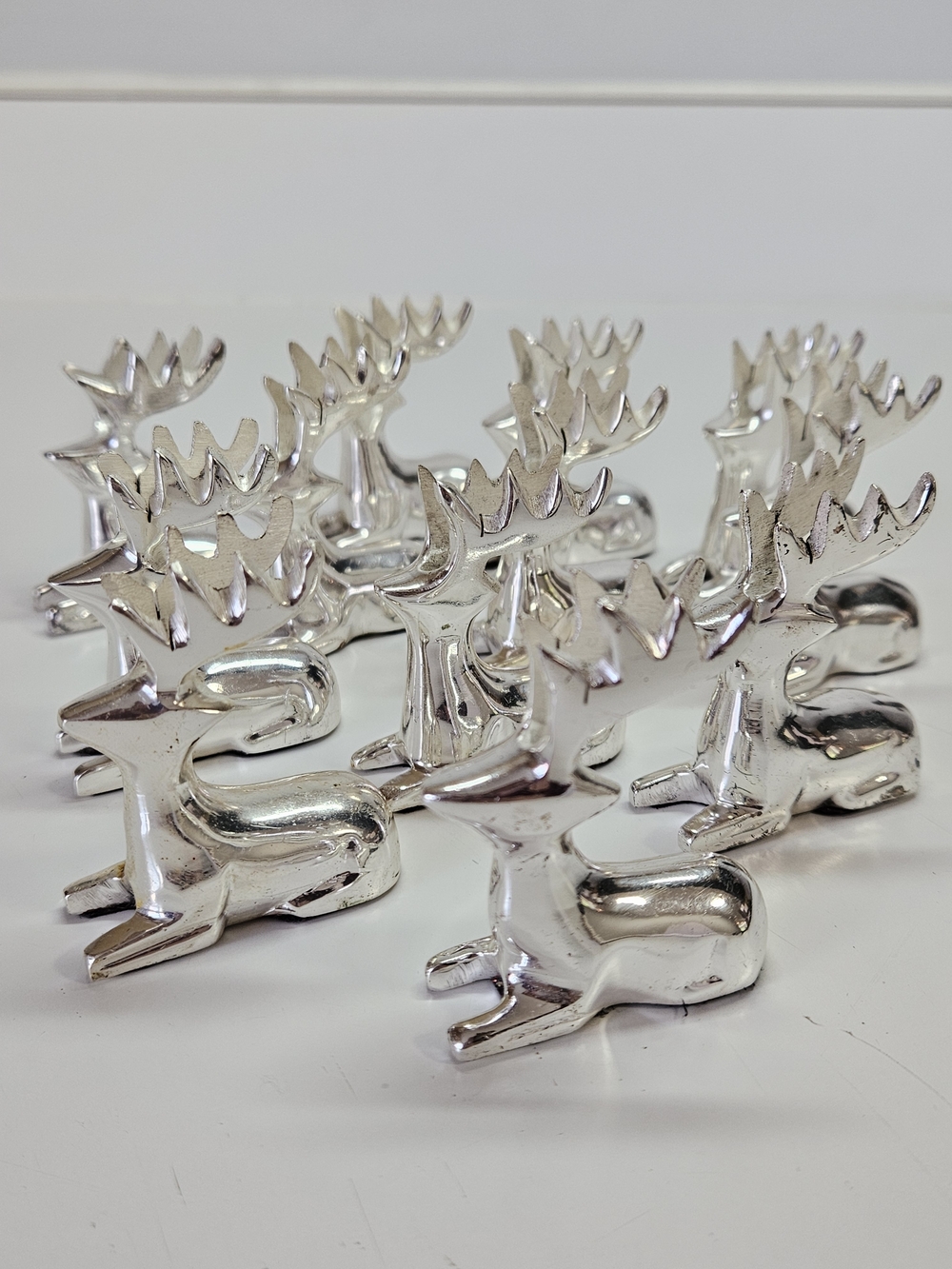 VINTAGE Silver Plate Reindeer Placecard Card Holders Set of 12 Made in India